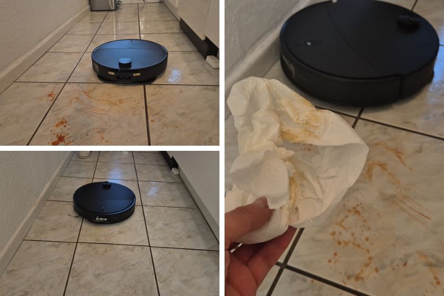 Roborock Qrevo Edge 2 wischt über einen eingetrockneten Ketchup-Fleck